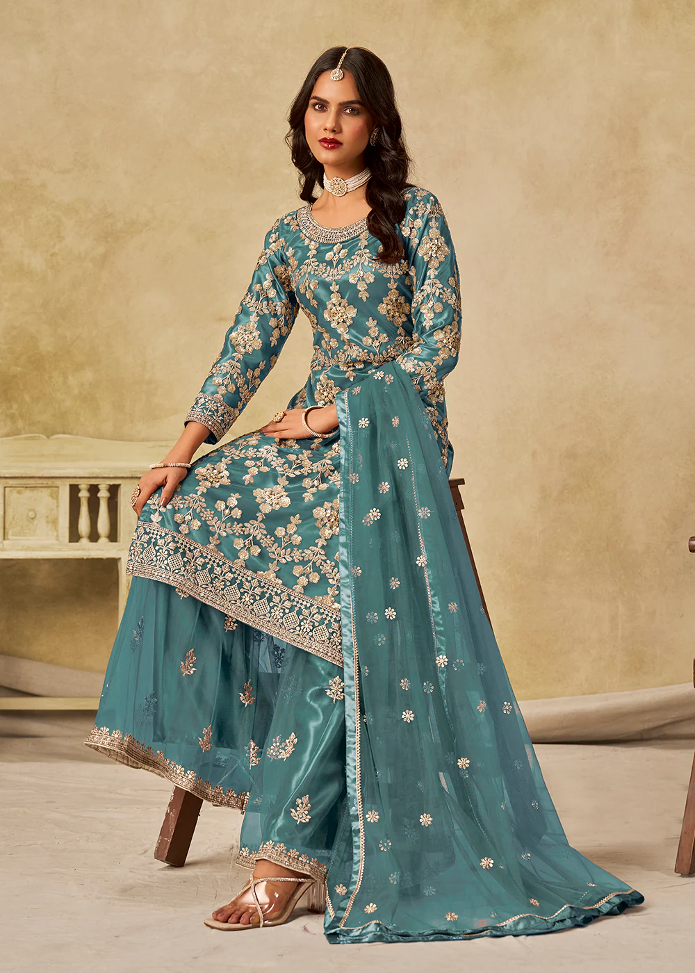 Teal Beautifully Embroidered Net Wedding Palazzo Suit - Image 4