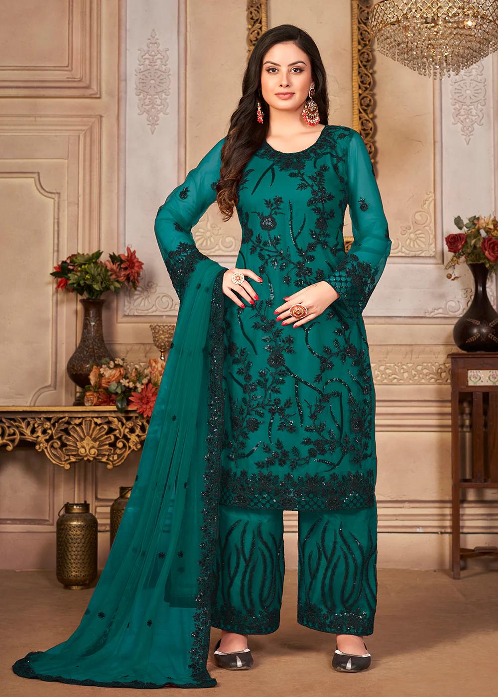 Teal & Black Cording & Sequins Embroidered Pant Style Suit