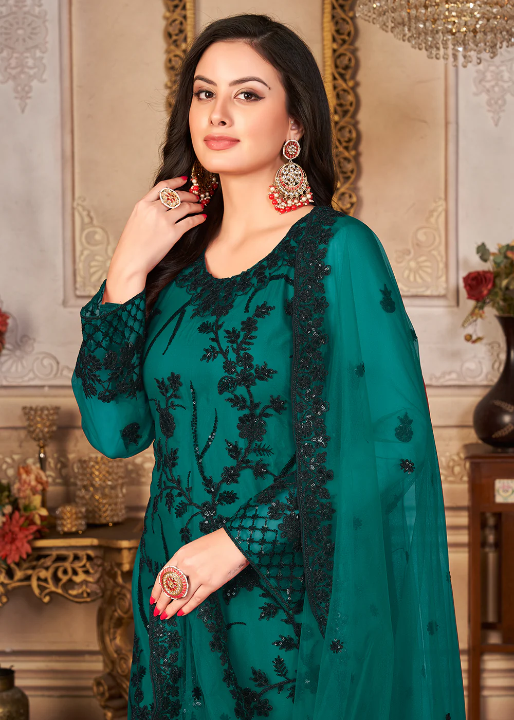 Teal & Black Cording & Sequins Embroidered Pant Style Suit - Image 2