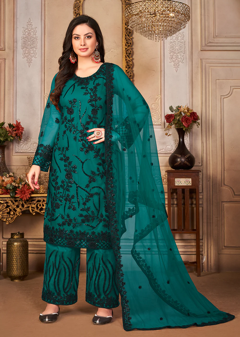 Teal & Black Cording & Sequins Embroidered Pant Style Suit - Image 3