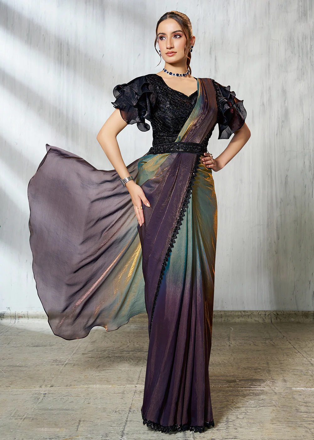 Teal & Black Designer Embroidered Party Wear Saree