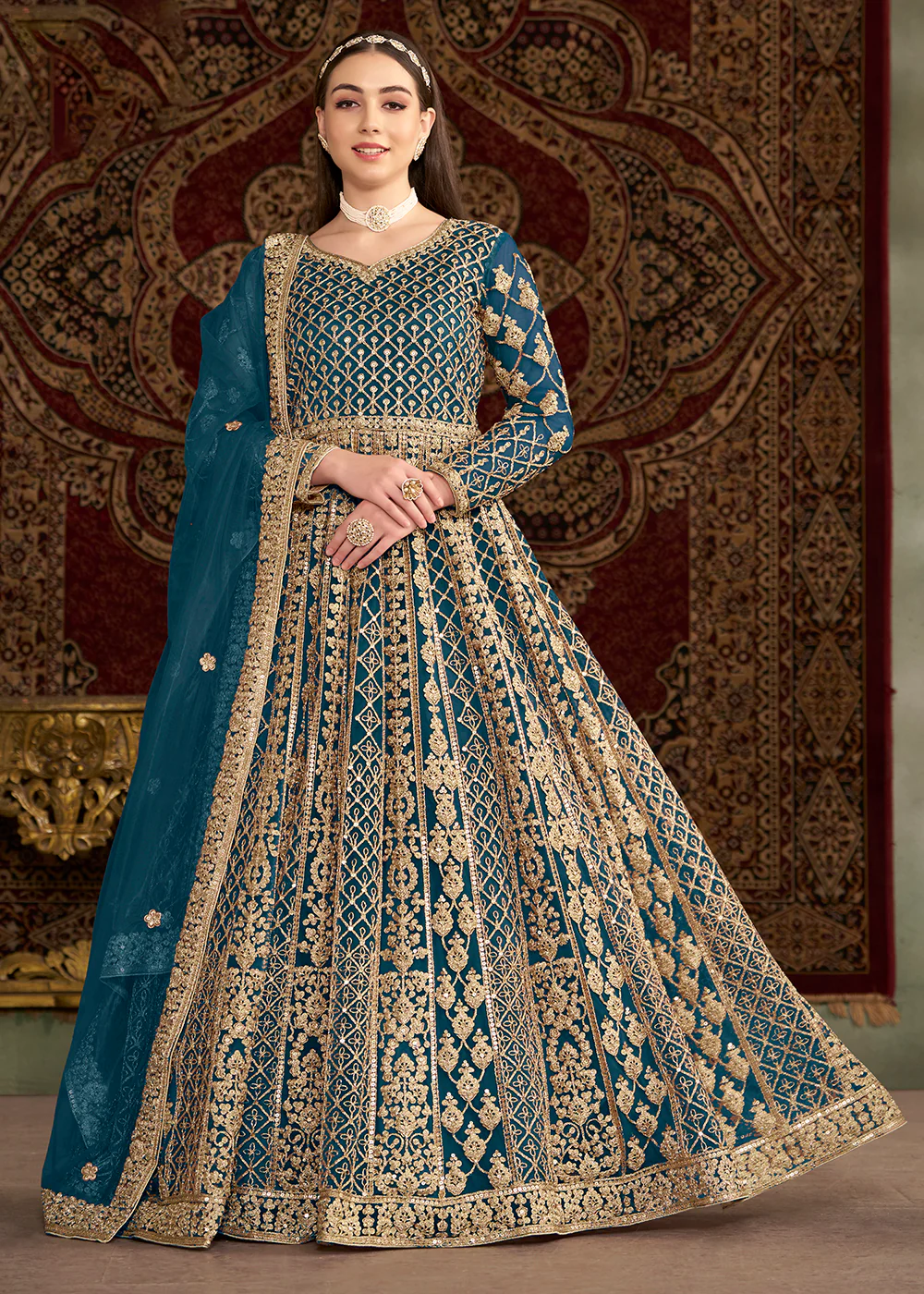 Teal Blue All Over Embroidered Net Wedding Anarkali Gown