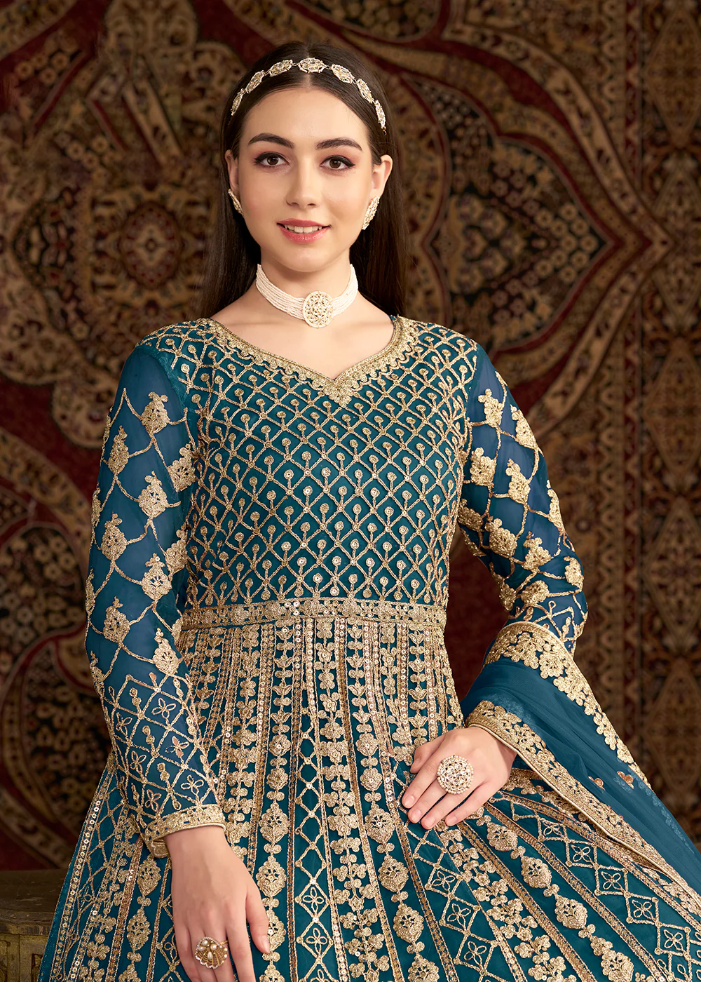 Teal Blue All Over Embroidered Net Wedding Anarkali Gown - Image 2