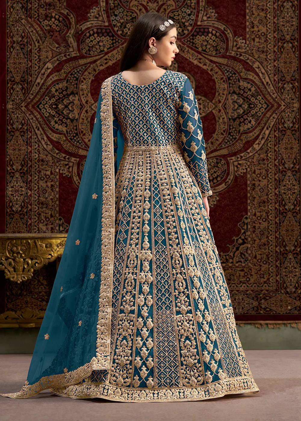 Teal Blue All Over Embroidered Net Wedding Anarkali Gown - Image 3