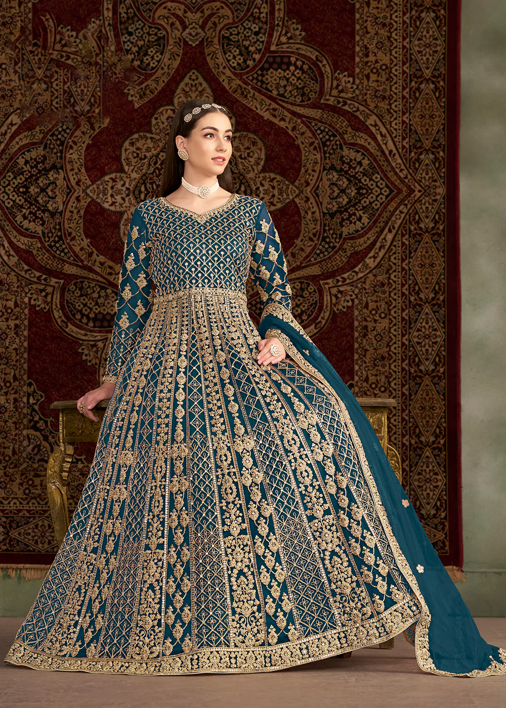 Teal Blue All Over Embroidered Net Wedding Anarkali Gown - Image 4
