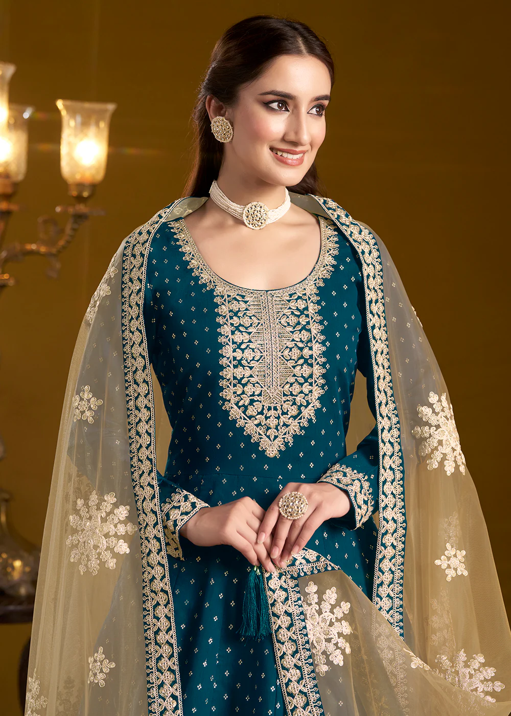 Teal Blue Chanderi Butti Embroidered Festive Anarkali Suit - Image 2