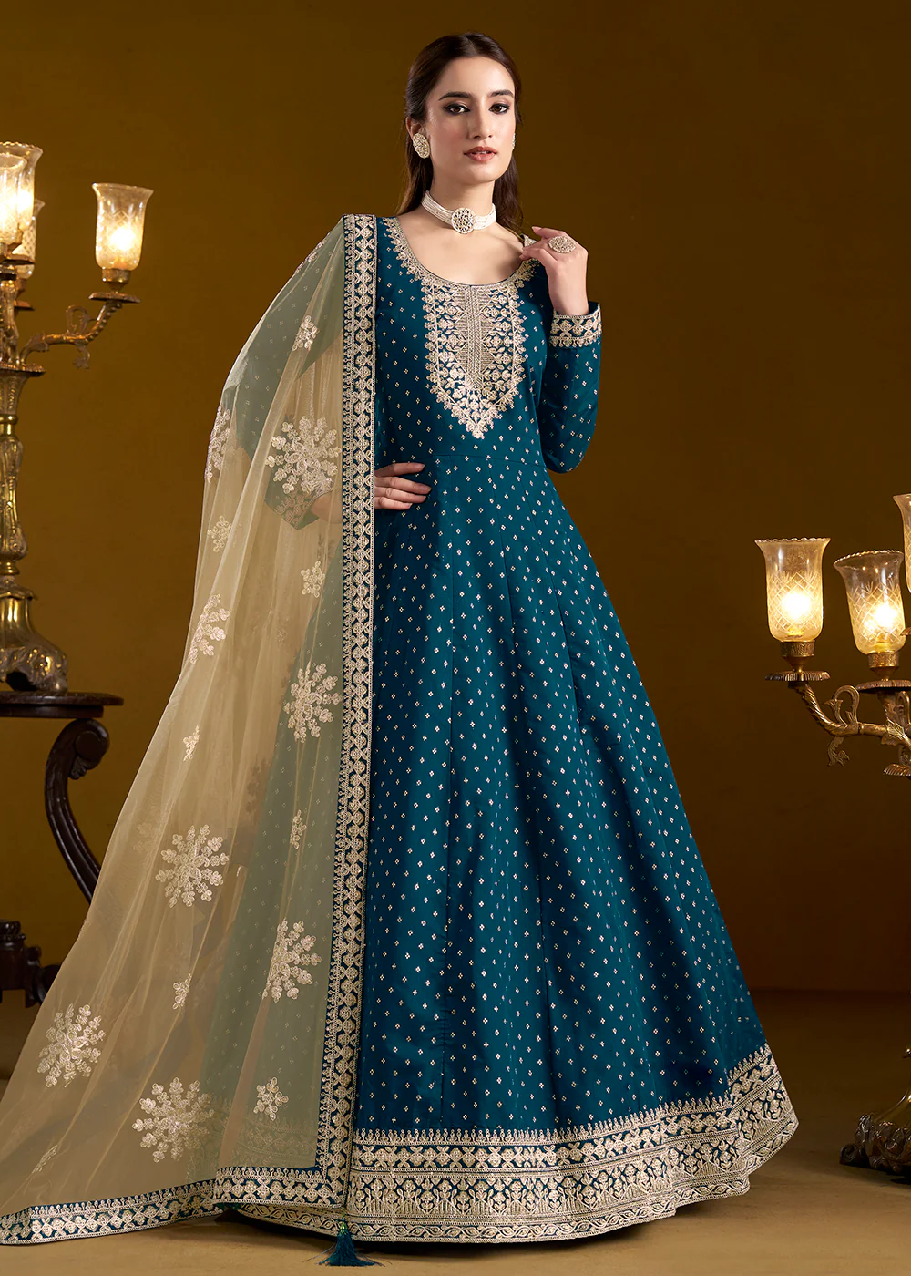 Teal Blue Chanderi Butti Embroidered Festive Anarkali Suit - Image 3