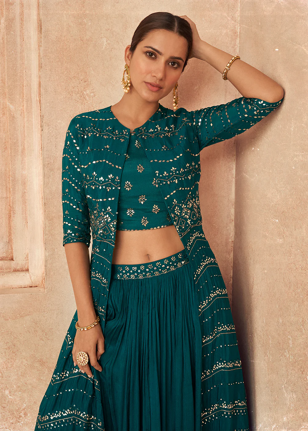 Teal Blue Chinon Silk Party Wear Lehenga Choli with Jacket - Image 2
