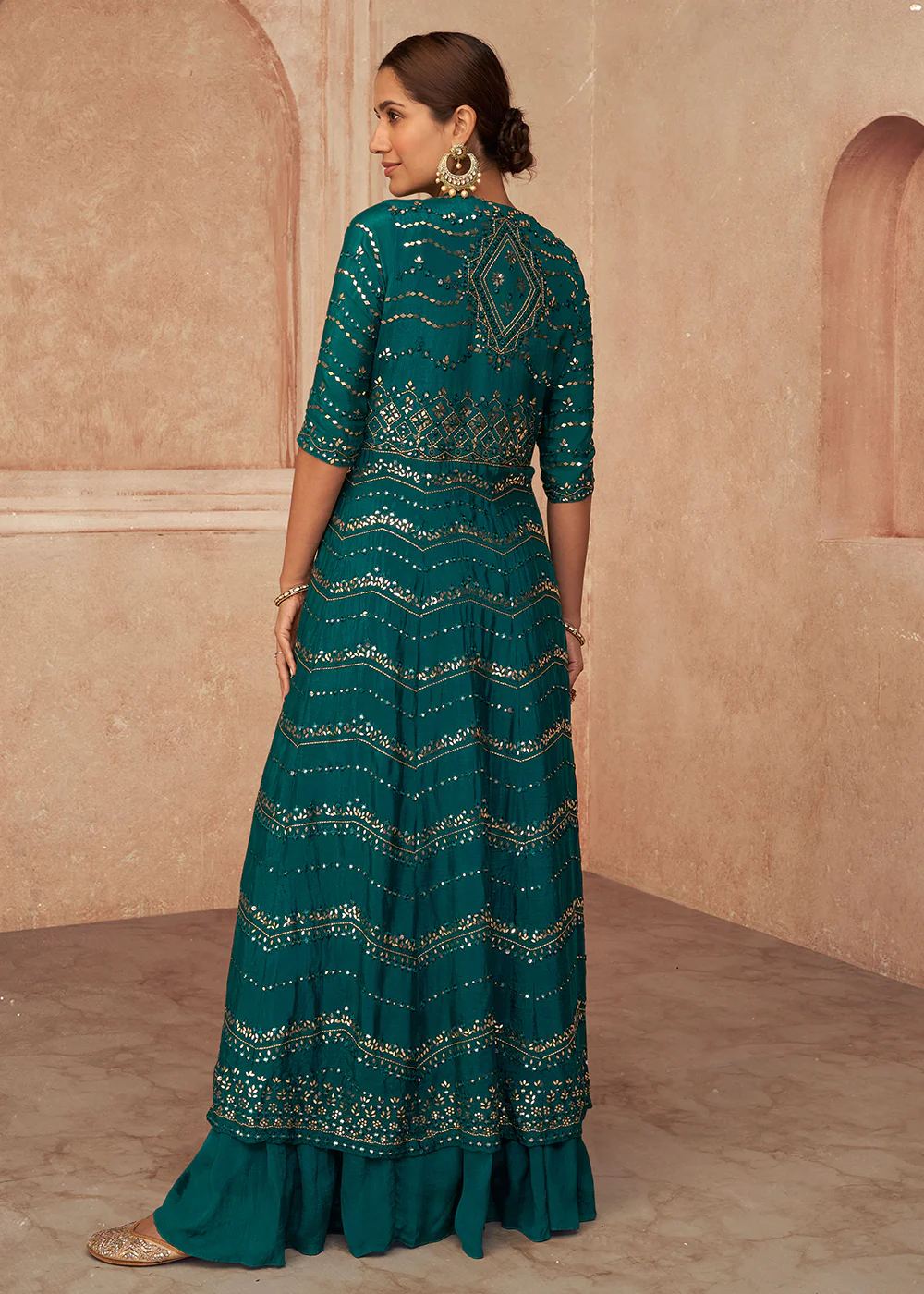 Teal Blue Chinon Silk Party Wear Lehenga Choli with Jacket - Image 3