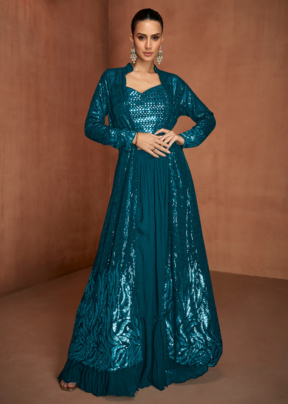 Teal Blue Crop Top with Jacket Style Indo Western Dress