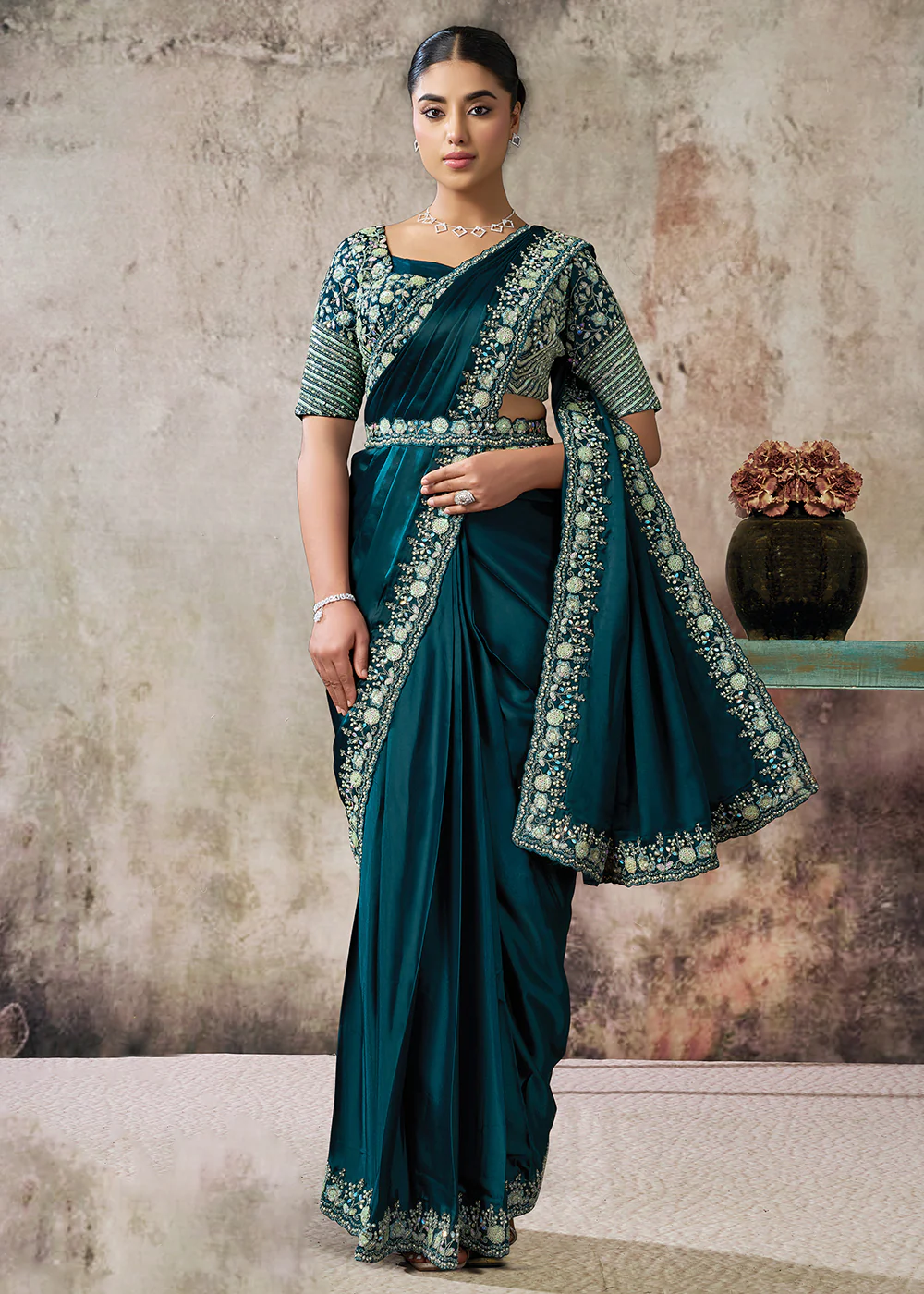 Teal Blue Designer Party Wear Pre Draped Saree