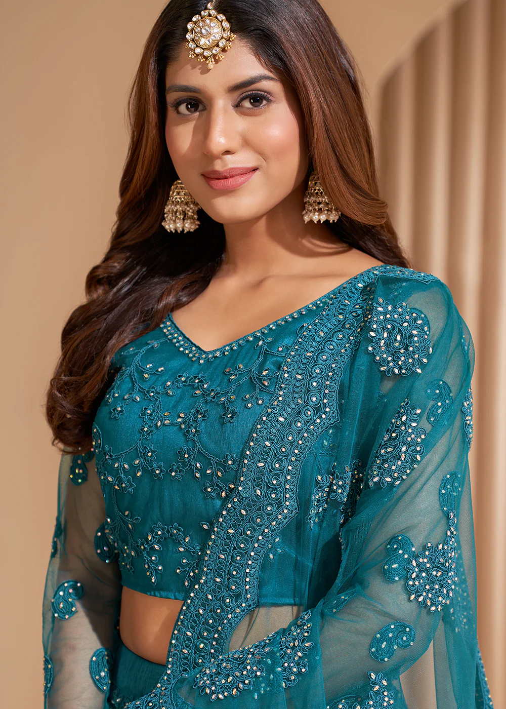 Teal Blue Designer Bridesmaids Wedding Lehenga Choli - Image 2