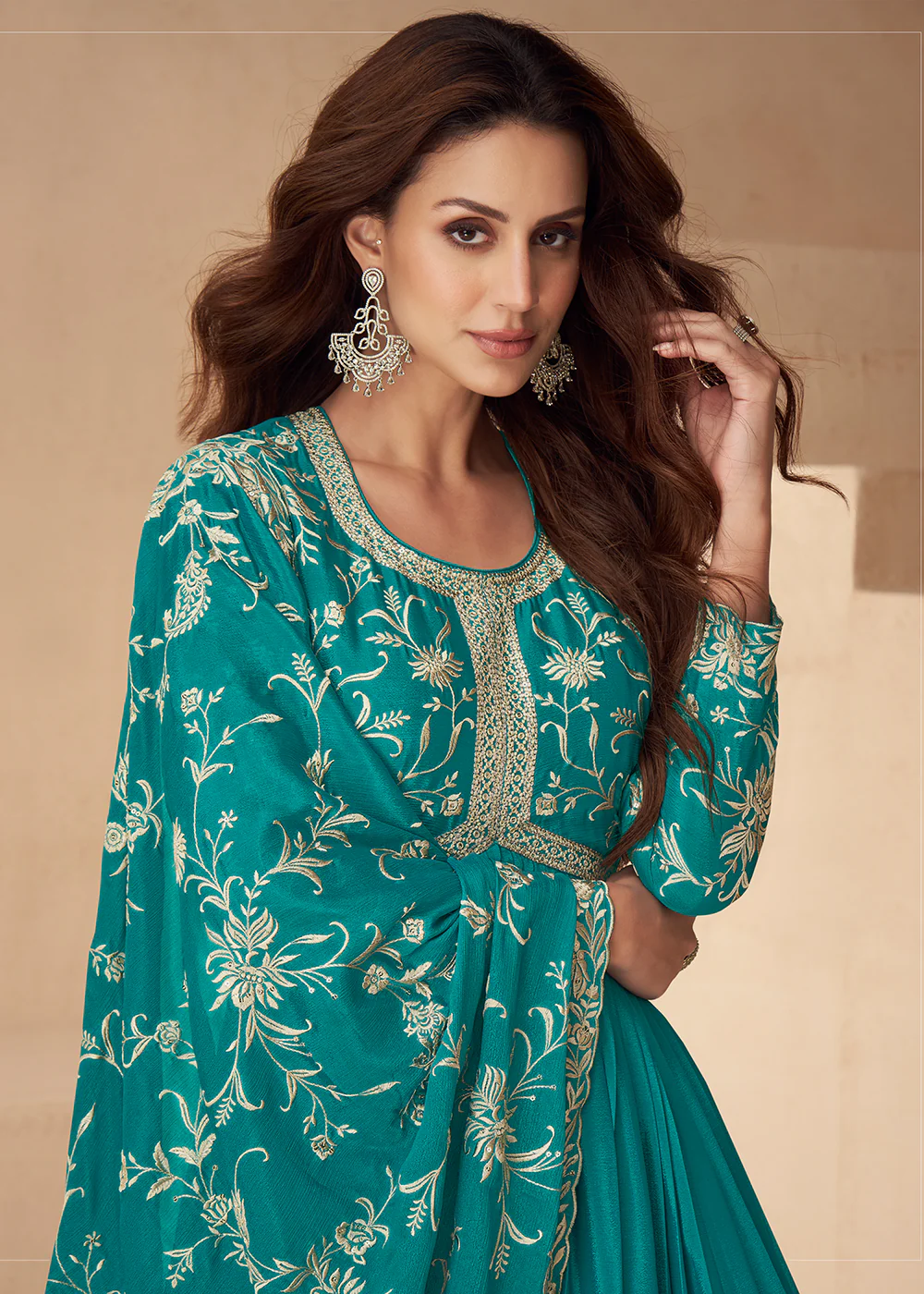 Teal Blue Embroidered Chinnon Festive Anarkali Dress - Image 2