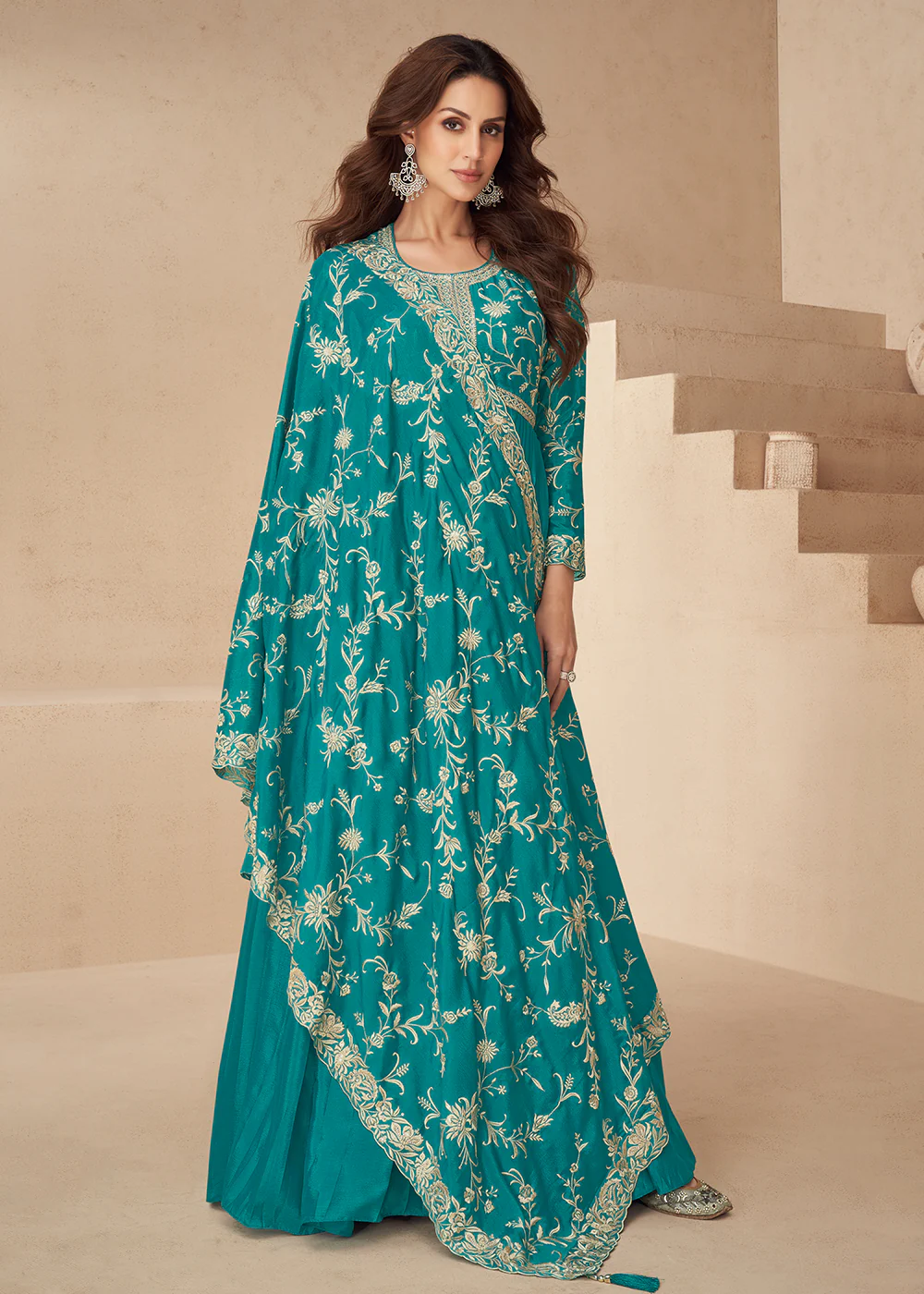 Teal Blue Embroidered Chinnon Festive Anarkali Dress - Image 3