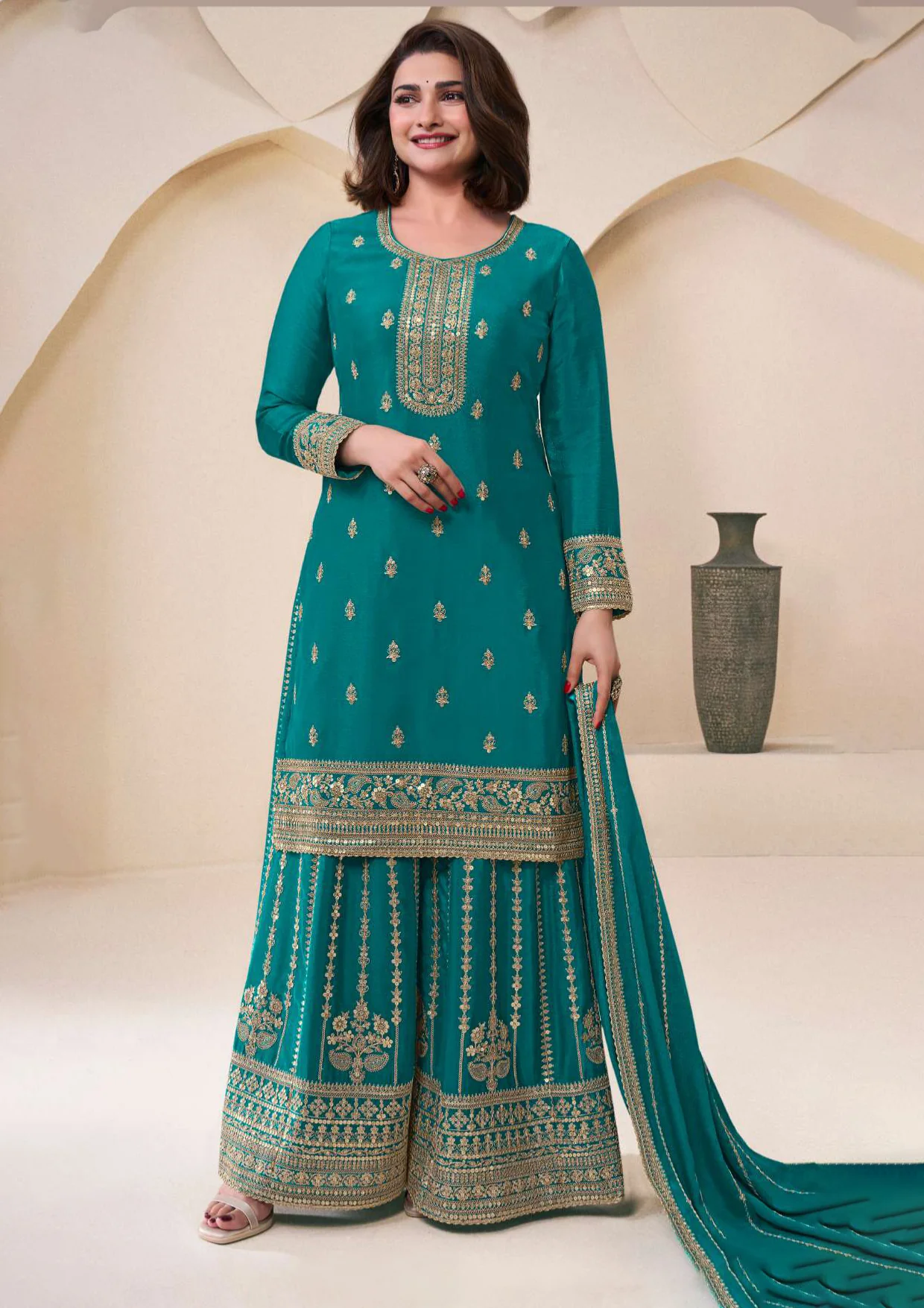 Teal Blue Embroidered Chinnon Sharara Style Suit