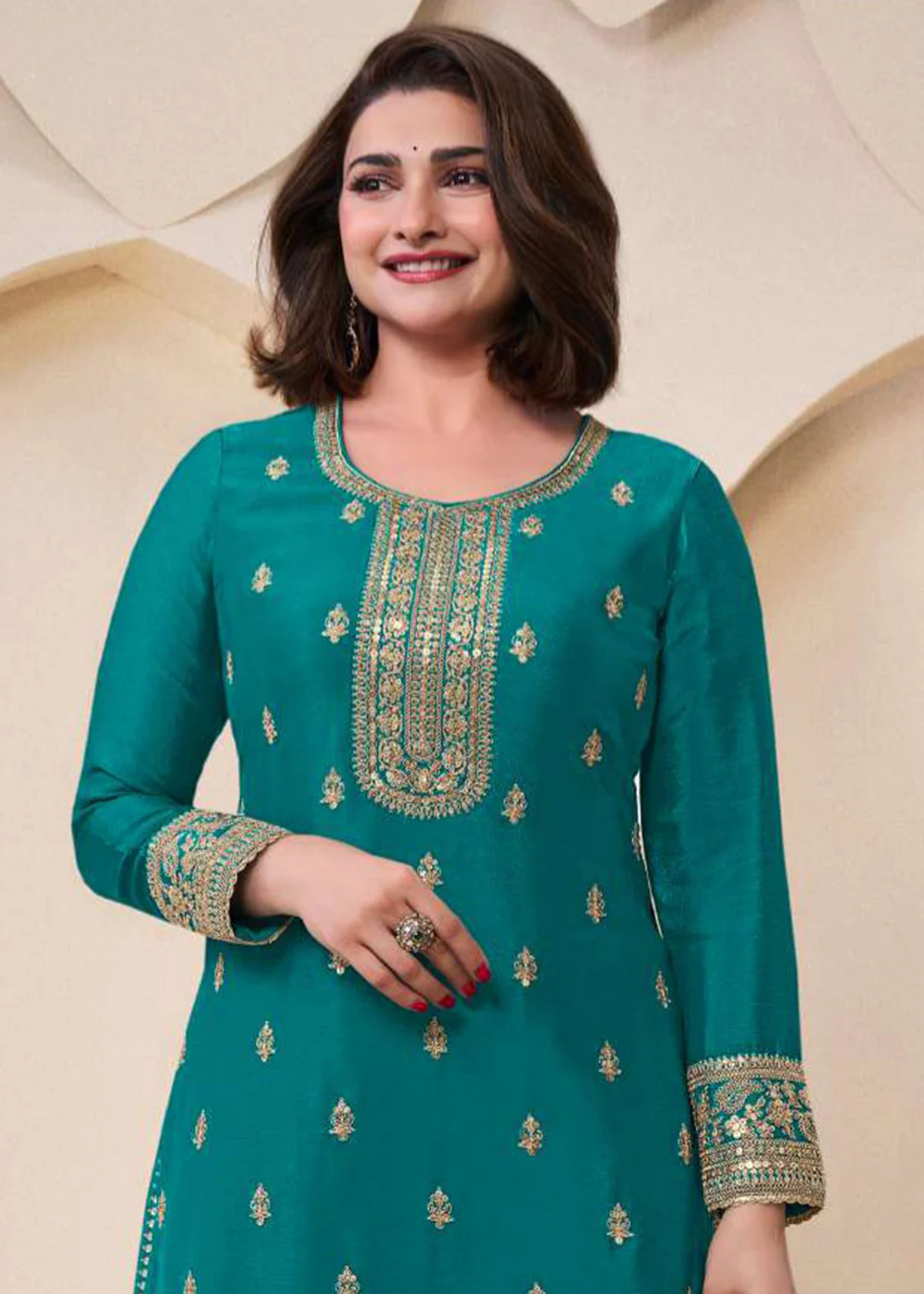 Teal Blue Embroidered Chinnon Sharara Style Suit - Image 2