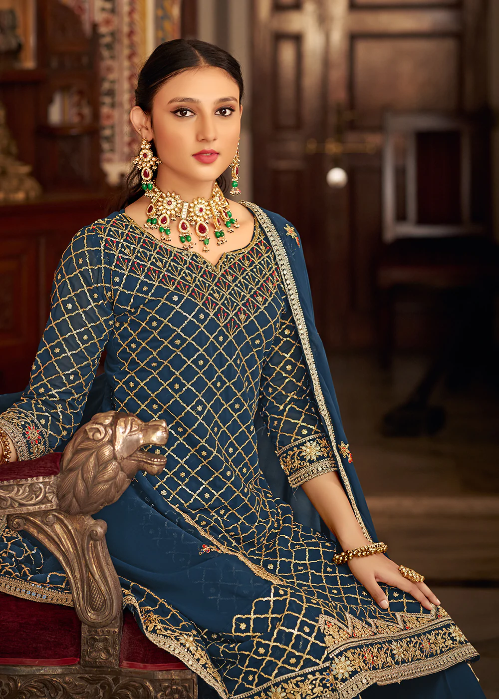 Teal Blue Embroidered Designer Festive Palazzo Suit - Image 3