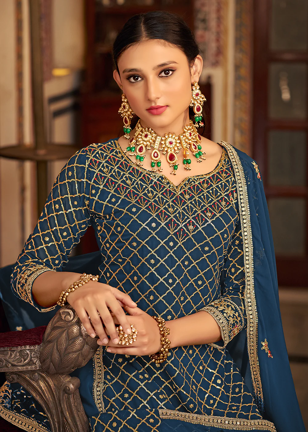 Teal Blue Embroidered Designer Festive Palazzo Suit - Image 4