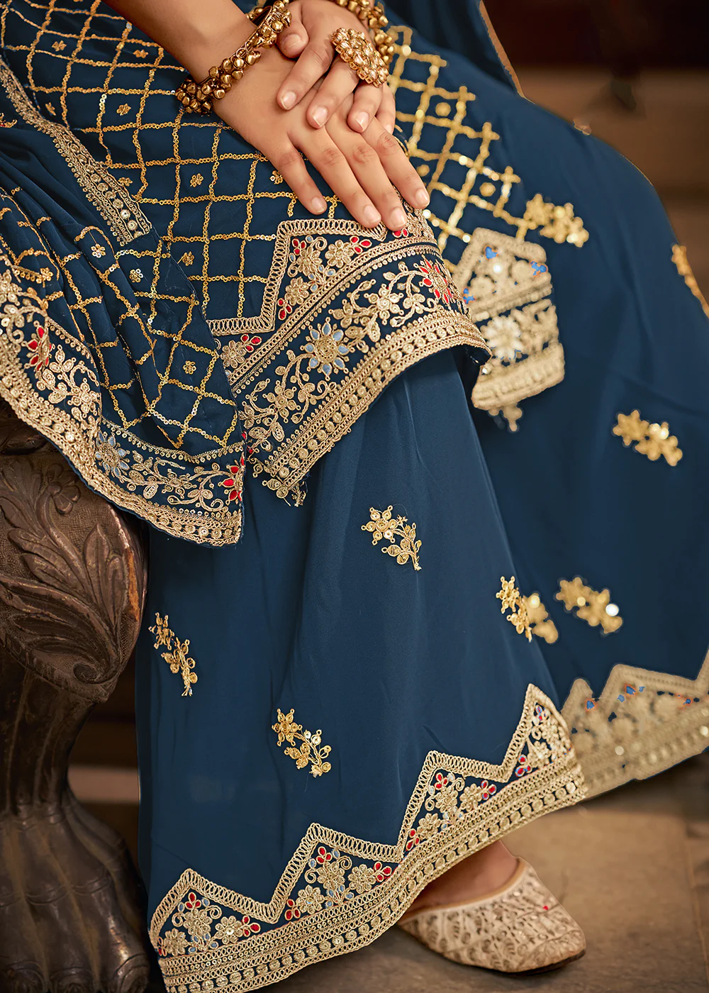 Teal Blue Embroidered Designer Festive Palazzo Suit - Image 5