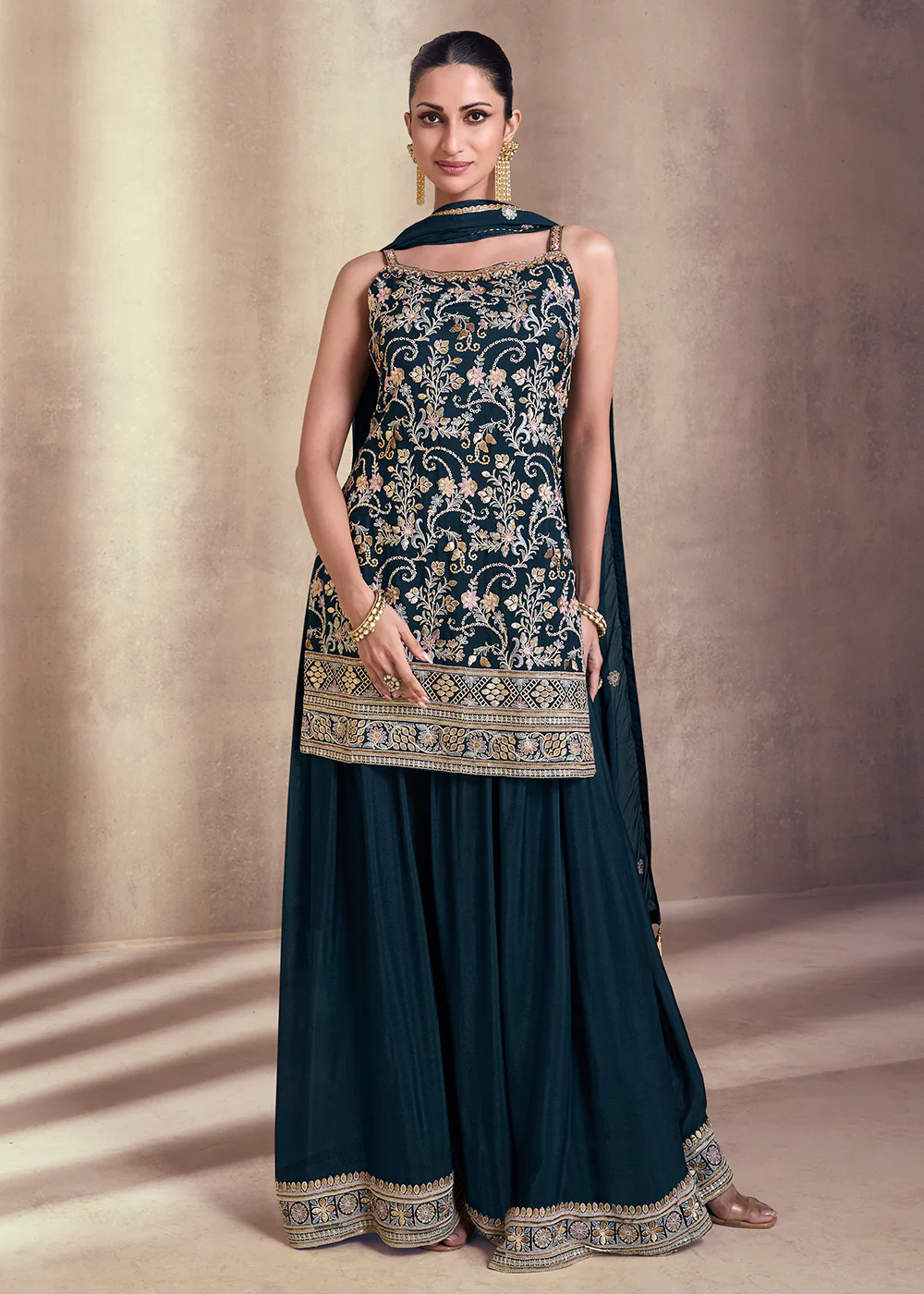 Teal Blue Embroidered Festive Sharara Style Suit