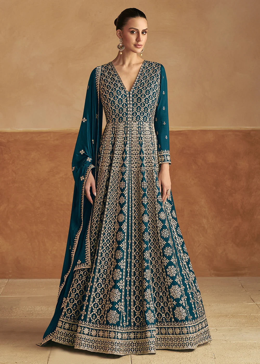 Teal Blue Front & Back Embroidery Wedding Anarkali Suit