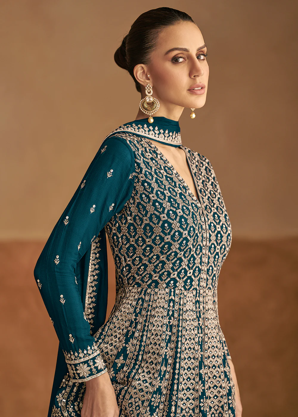 Teal Blue Front & Back Embroidery Wedding Anarkali Suit - Image 2