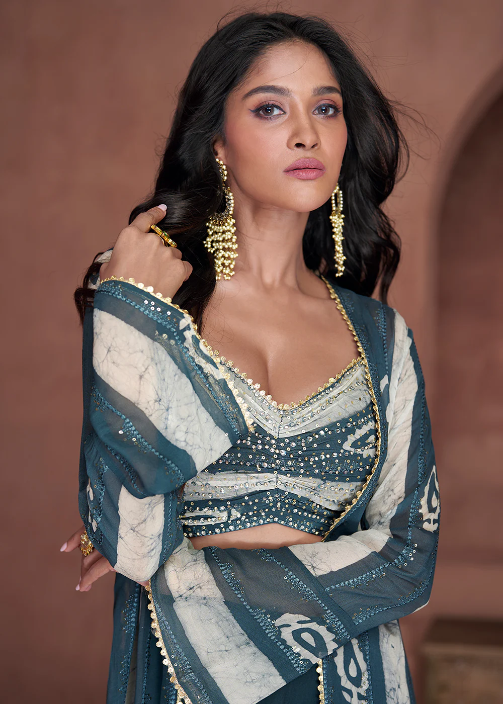 Teal Blue Jacket Style Sequins Work Indo Western Dress - Image 2