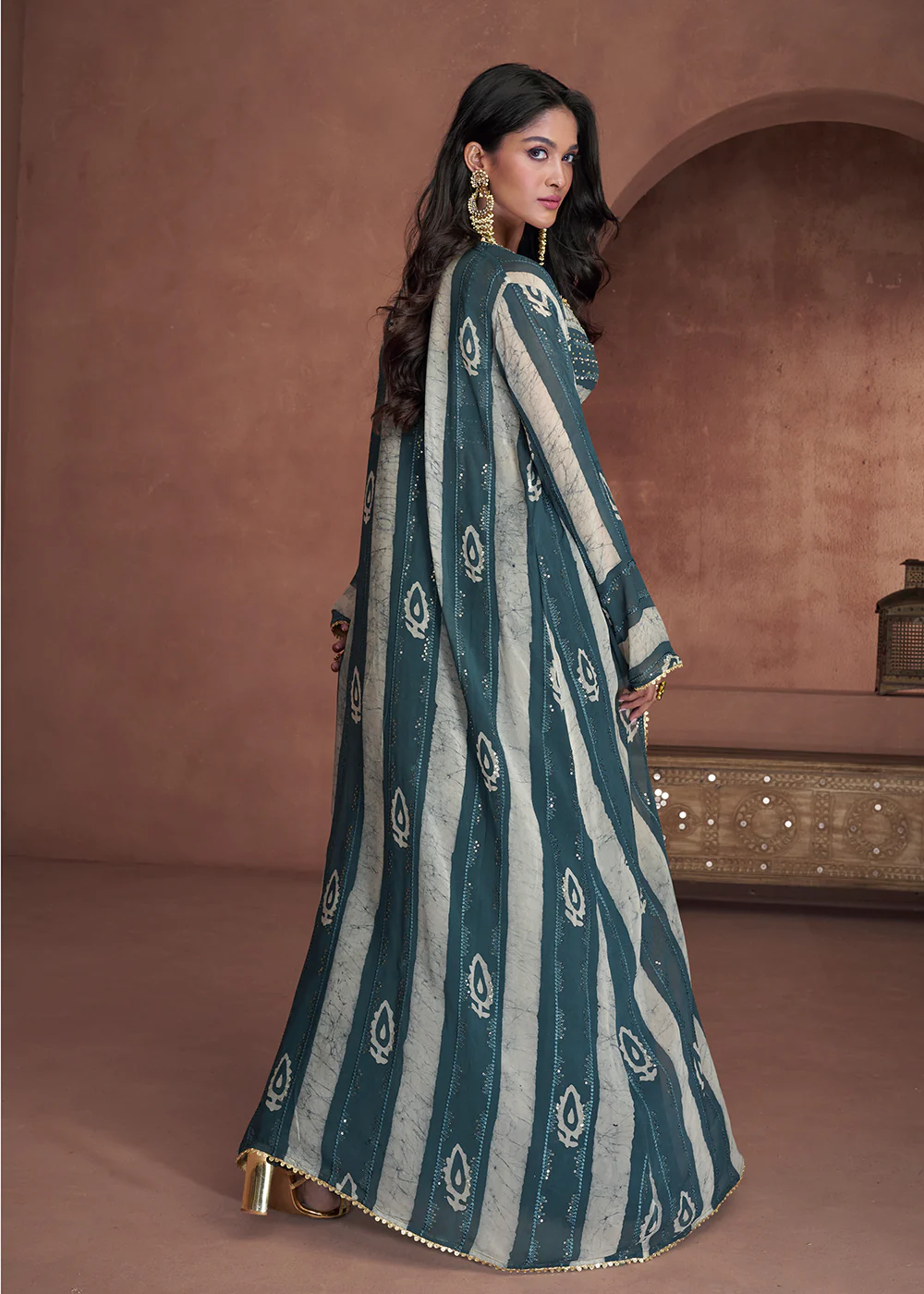 Teal Blue Jacket Style Sequins Work Indo Western Dress - Image 3