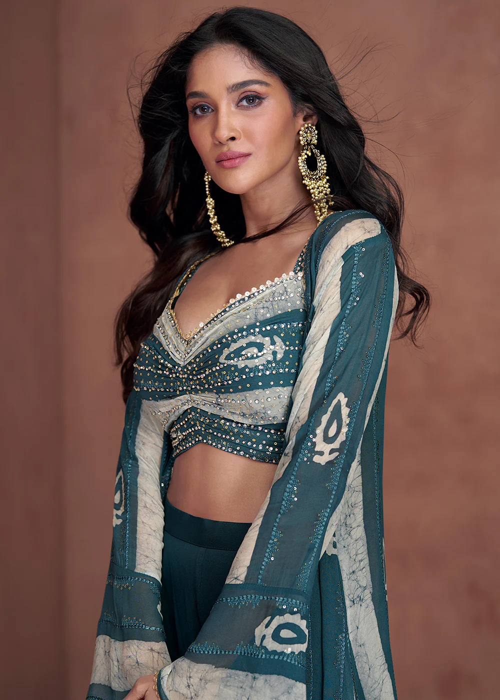Teal Blue Jacket Style Sequins Work Indo Western Dress - Image 4