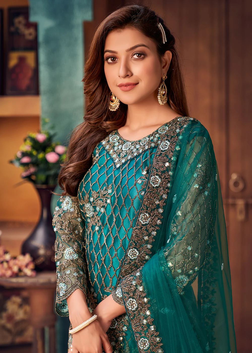 Teal Blue Layered Festive Pant Style Salwar Suit - Image 2