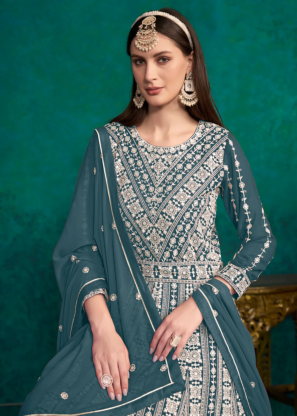 Teal Blue Lucknowi Embroidered Wedding Anarkali Suit - Image 2