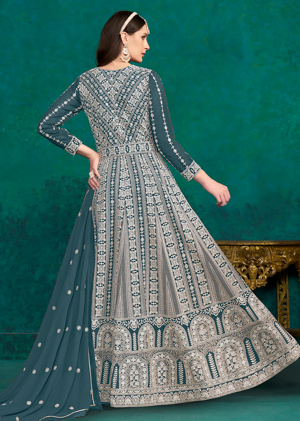 Teal Blue Lucknowi Embroidered Wedding Anarkali Suit - Image 3