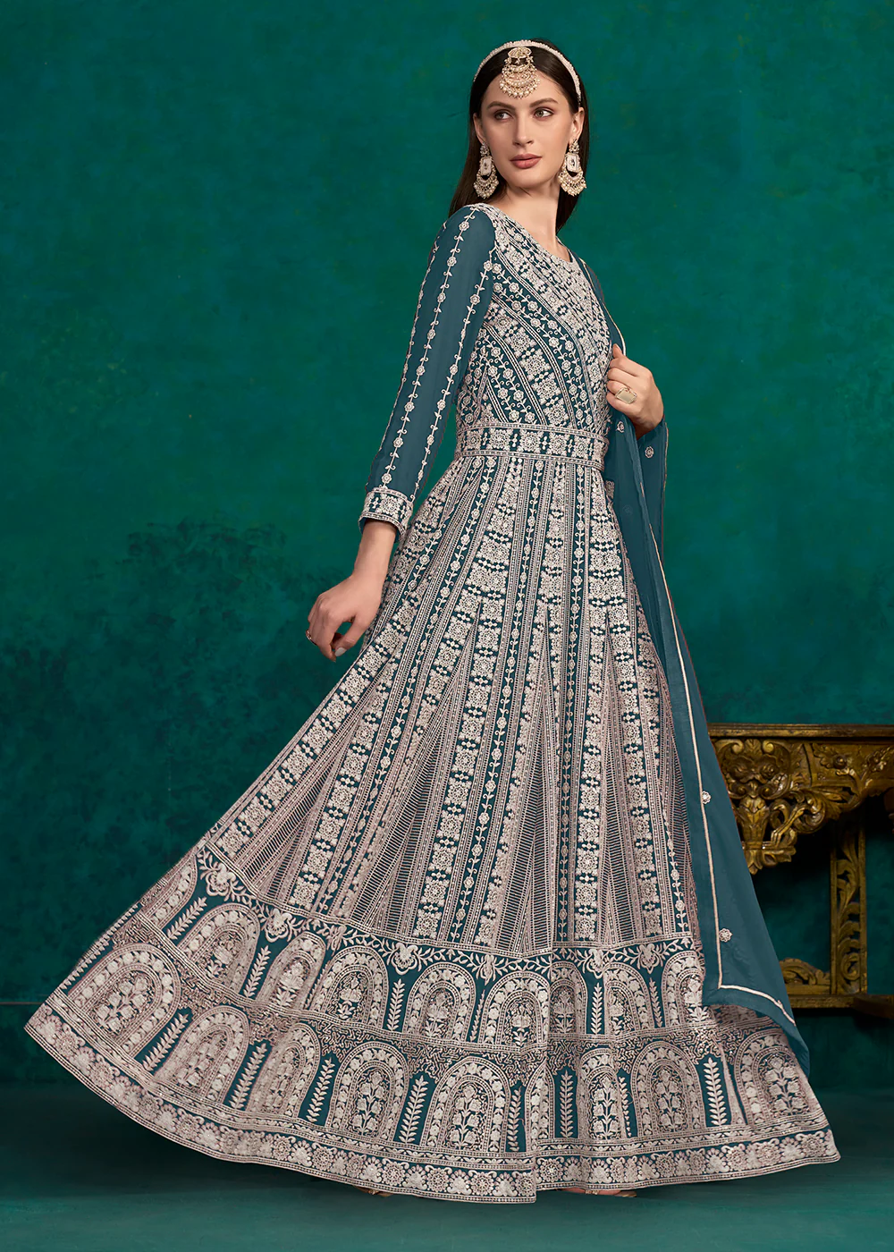 Teal Blue Lucknowi Embroidered Wedding Anarkali Suit - Image 5