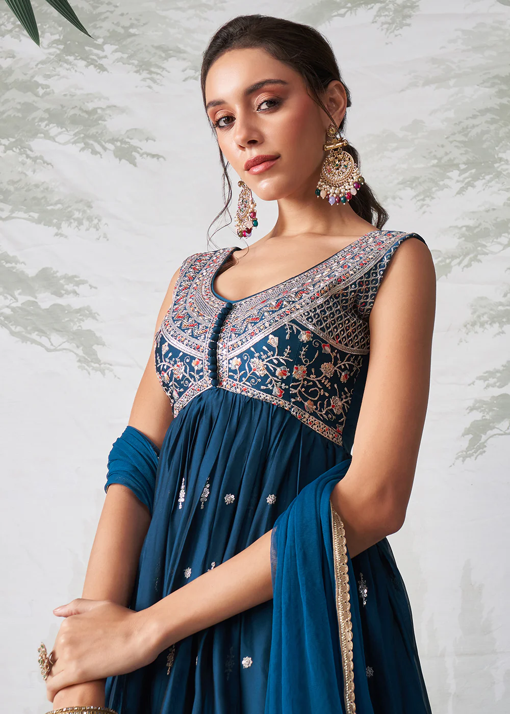 Teal Blue Multi Thread Embroidered Anarkali Style Suit - Image 2