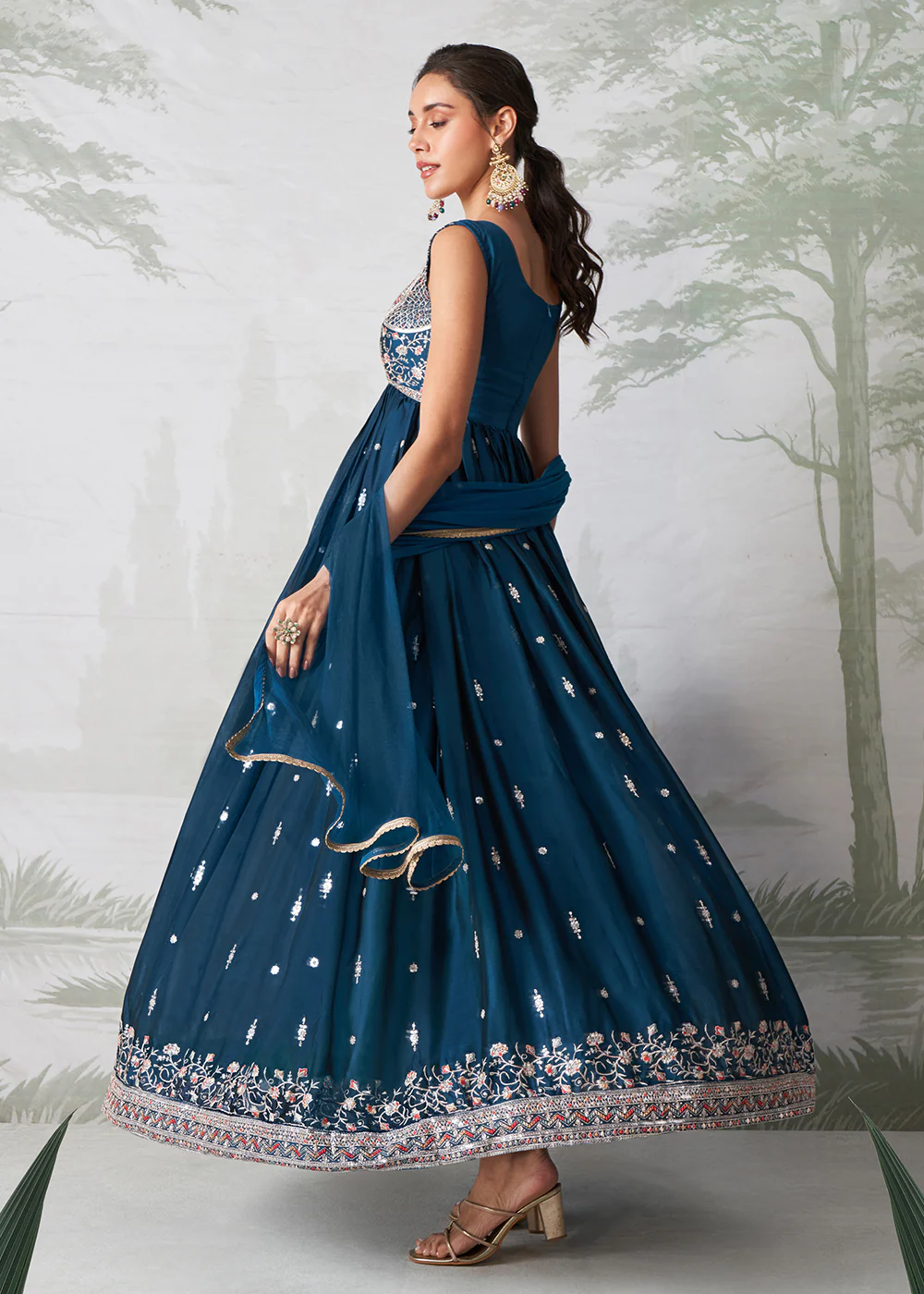 Teal Blue Multi Thread Embroidered Anarkali Style Suit - Image 3