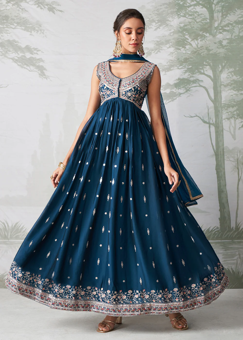 Teal Blue Multi Thread Embroidered Anarkali Style Suit - Image 4