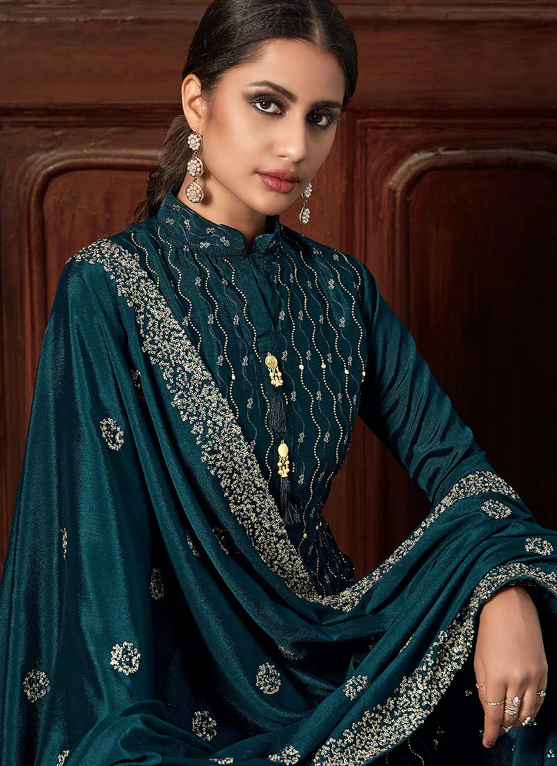 Teal Blue Chinon Trendy Palazzo Salwar Suit - Image 2