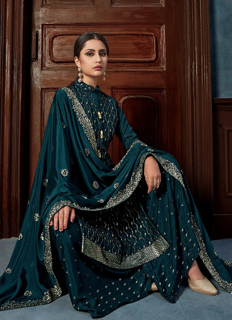Teal Blue Chinon Trendy Palazzo Salwar Suit - Image 3