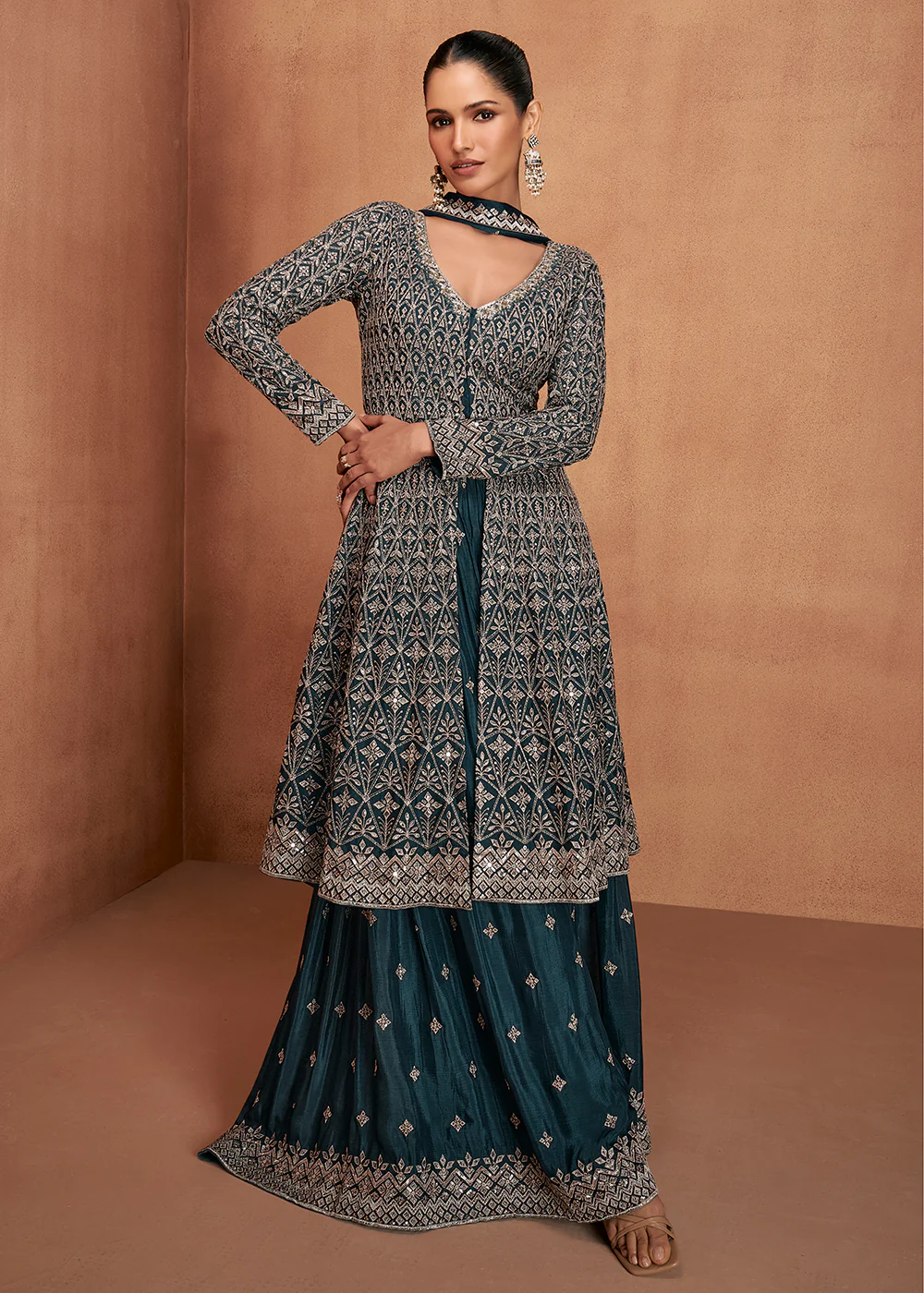 Teal Blue Real Chinnon Festive Trendy Palazzo Suit