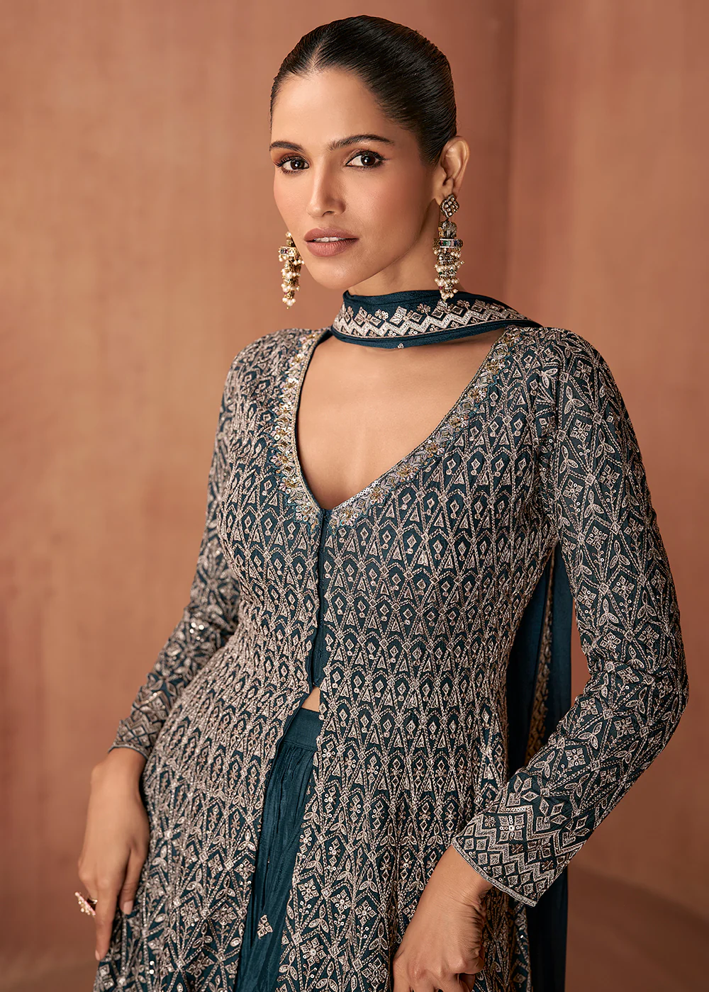 Teal Blue Real Chinnon Festive Trendy Palazzo Suit - Image 2