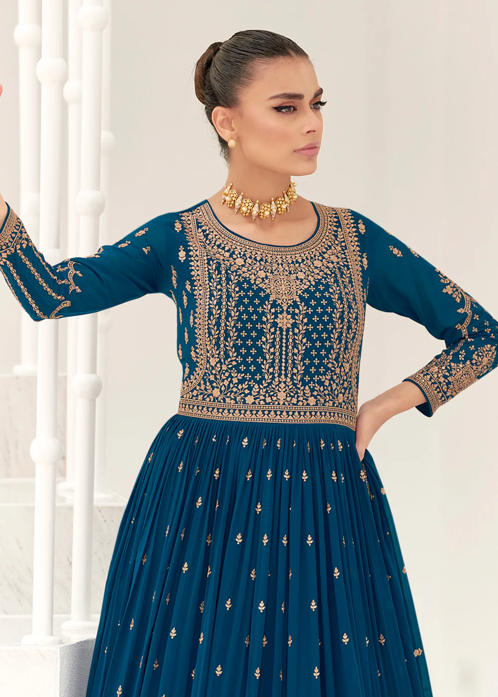 Teal Blue Real Georgette Party Style Anarkali Suit - Image 3
