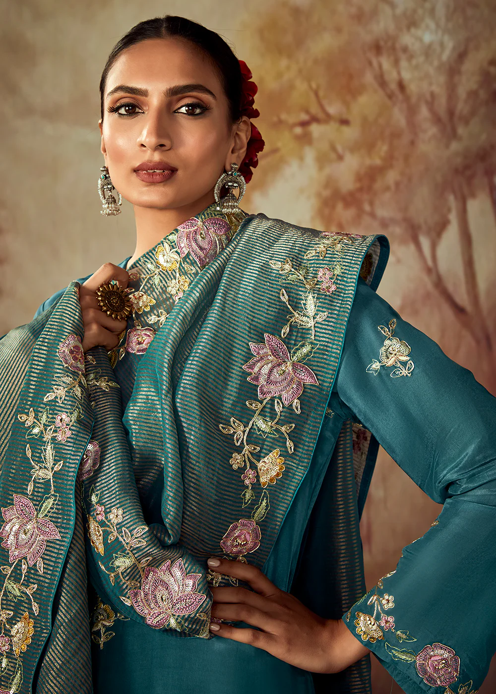Teal Blue Russian Silk Embroidered Pant Style Salwar Kurta - Image 2