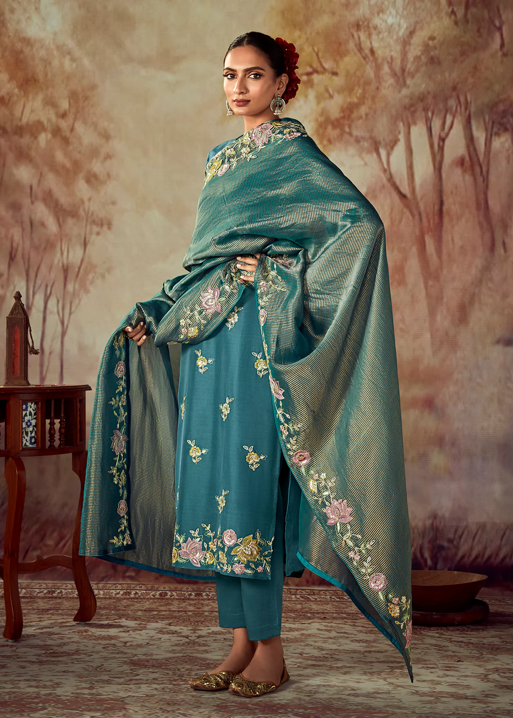 Teal Blue Russian Silk Embroidered Pant Style Salwar Kurta - Image 3