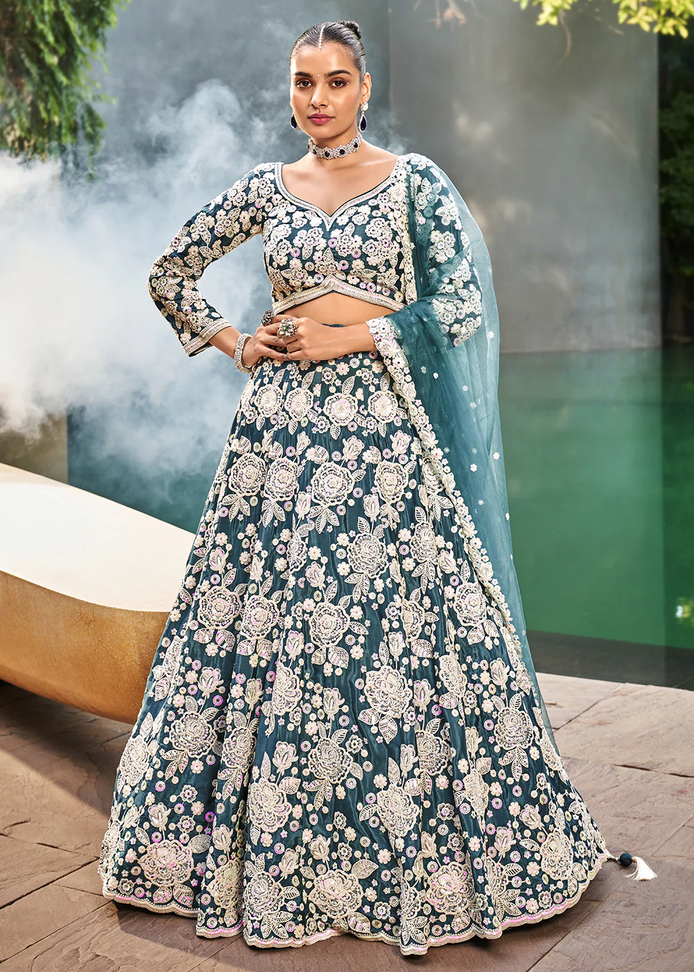 Teal Blue Satin Embroidered Premium Quality Lehenga Choli