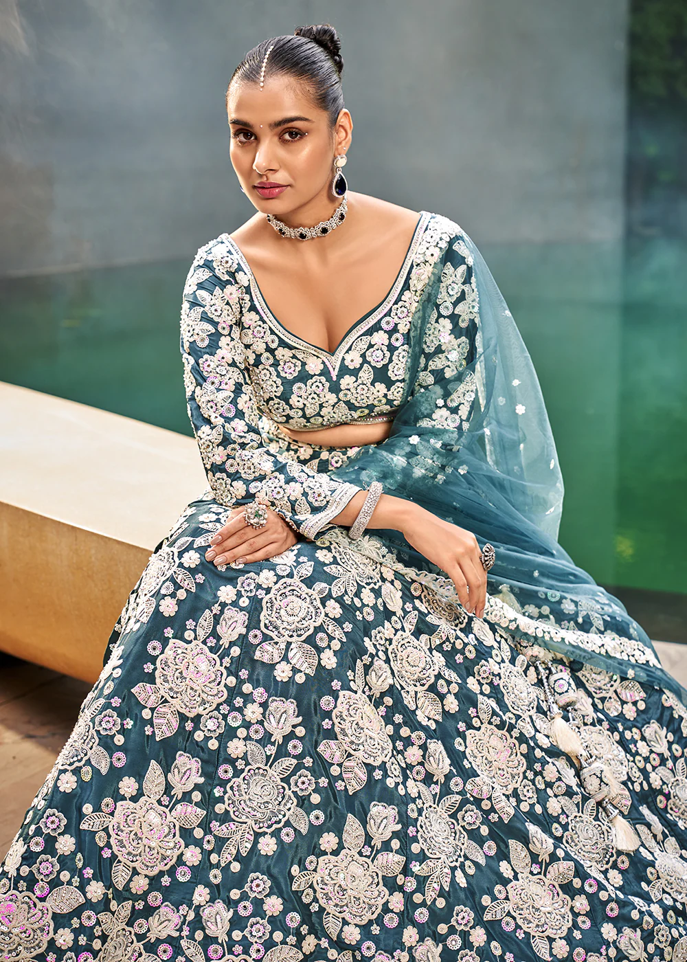 Teal Blue Satin Embroidered Premium Quality Lehenga Choli - Image 2