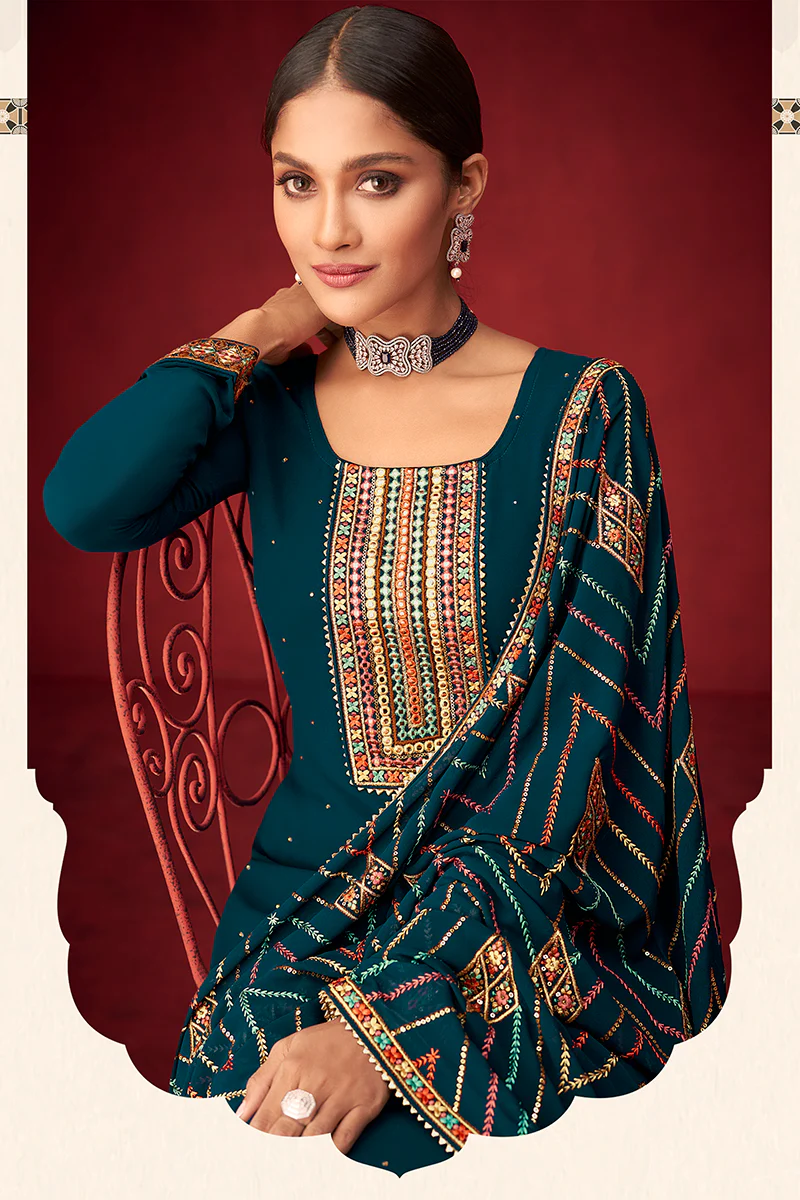 Teal Blue Sequins & Thread Embroidered Georgette Salwar Suit - Image 2