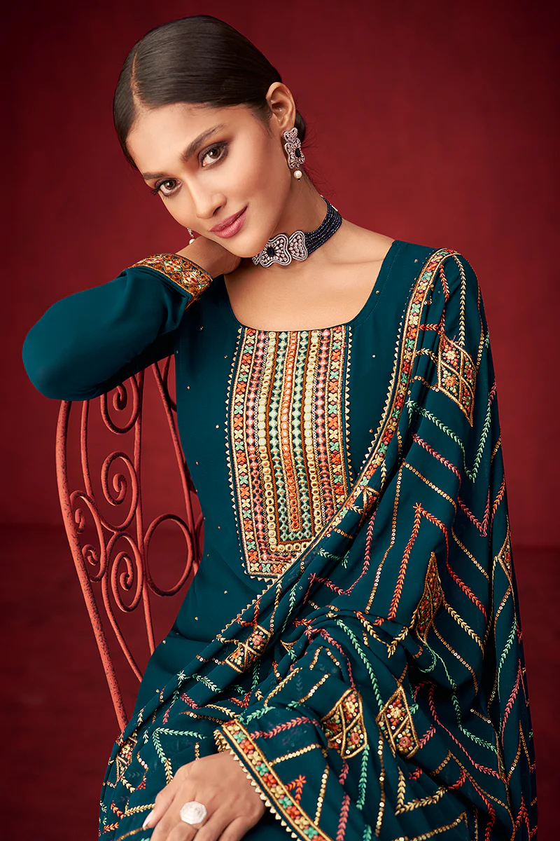 Teal Blue Sequins & Thread Embroidered Georgette Salwar Suit - Image 3
