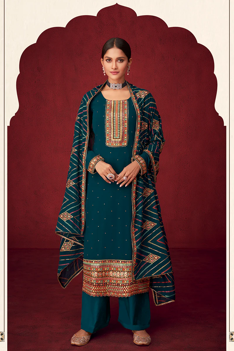 Teal Blue Sequins & Thread Embroidered Georgette Salwar Suit - Image 4