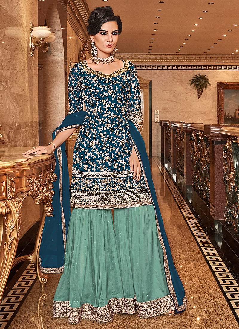 Teal Blue Floral Embroidered Straight Cut Sharara Suit