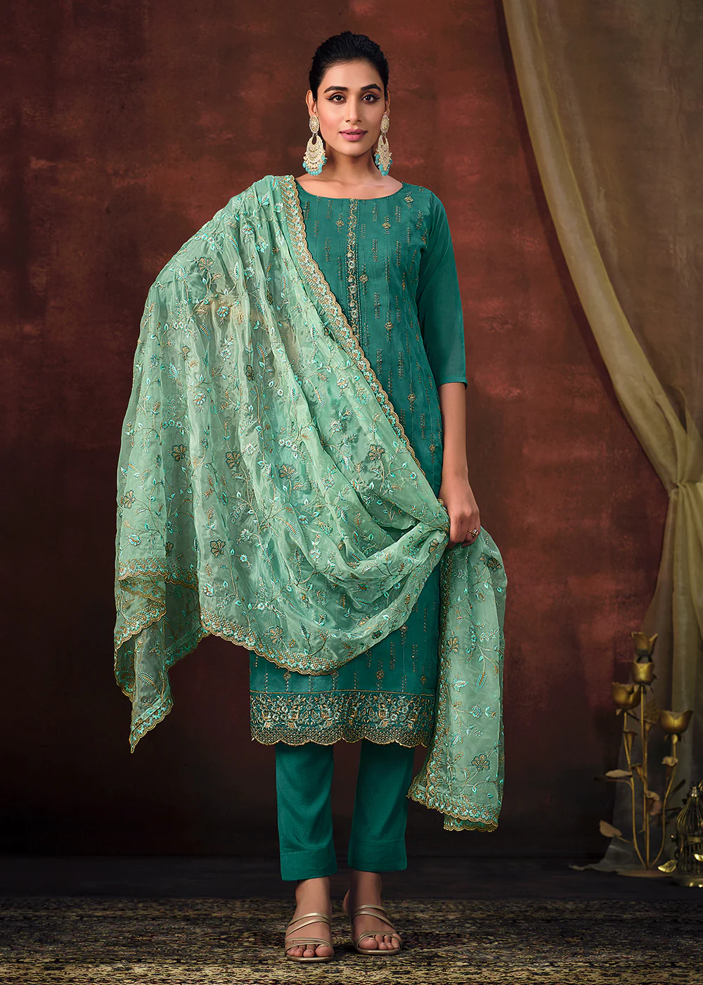 Teal Blue Shimmer Organza Embroidered Wedding Salwar Suit - Image 3